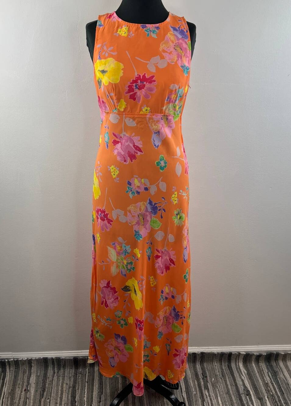 NWT Be Smart Orange Floral Sleeveless Maxi Dress Cut Out Back Vintage USA 9/10